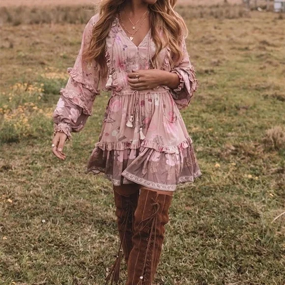 SOLD OUT Boho Gypsy Floral Long Sleeve Ruffle Mini Dress - Picture 2 of 10